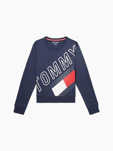 Női Tommy Hilfiger Essential Cropped Tommy Flag Pulóverek Sötétkék | HU 383ZUT